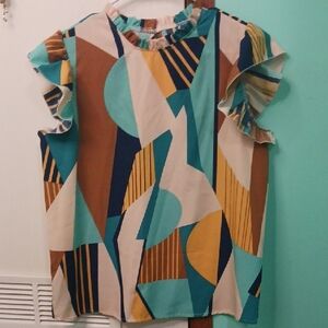 Geometric Patterned Ruffle Sleeve Top